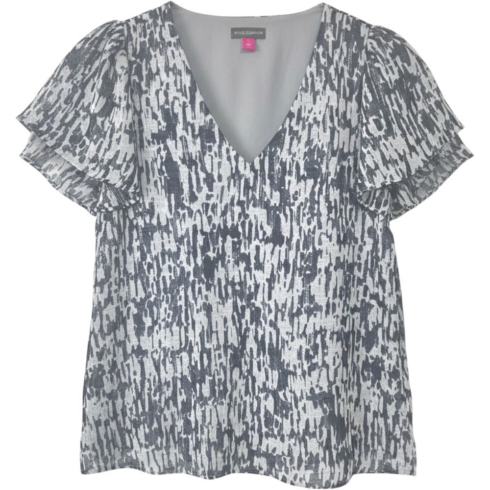 Vince Camuto Women's XS/S Navy Blue White Metallic Abstract Flutter Sleeve Top